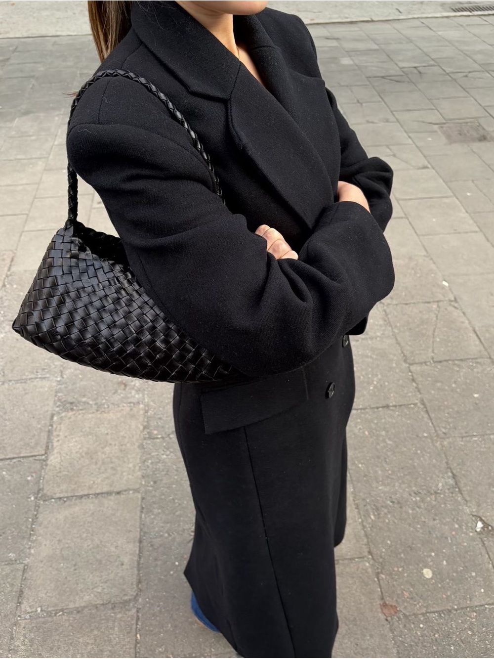 Woven Leather Shoulder Bag - Black